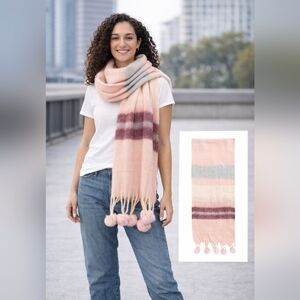 Lulla Collection Pom Pom Tassel Stripe Scarf Blush Soft Cozy Knit Wrap New